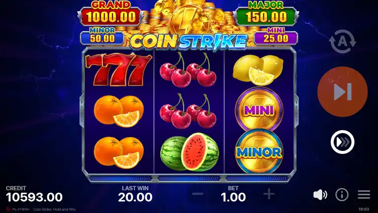 Coin Strike Hold and Win - spin 1312, CREDIT 10,593.00 at bet 1.00, Mini and Minor jackpot coins visible on reel 3