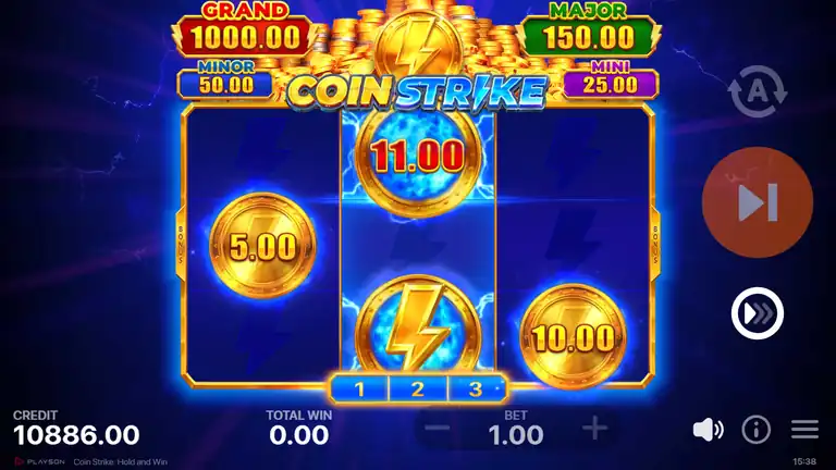 Coin Strike HOLD AND WIN board mid-sequence: coins 5.00 and 10.00 locked in, Bonus Strike on reel 2, respin counter at 3