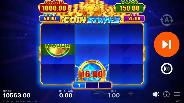 Coin Strike Hold and Win board: MAJOR jackpot coin reel 1, 16.00 coin reel 2, final respin, CREDIT 10,563.00