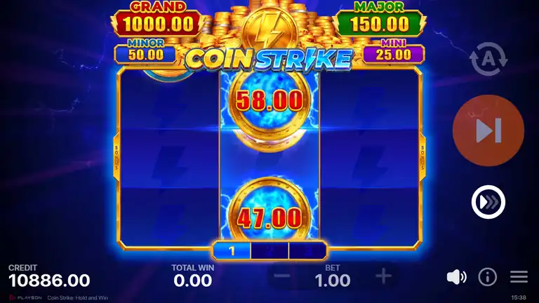 Coin Strike HOLD AND WIN board near end of sequence showing coins 58.00 and 47.00, CREDIT 10,886.00 at bet 1.00