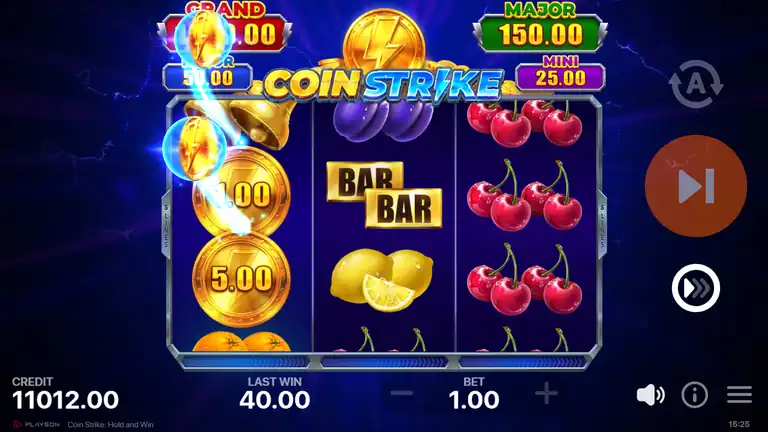 Coin Strike Hold and Win session peak, CREDIT 11,012.00, LAST WIN 40.00 after a Coin Strike collect at bet 1.00